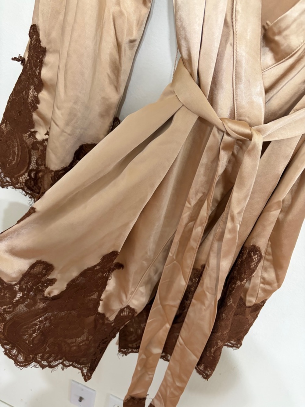 12th Tribe Beige Wrap Robe with Brown Lace Trim - Picture 8 of 16